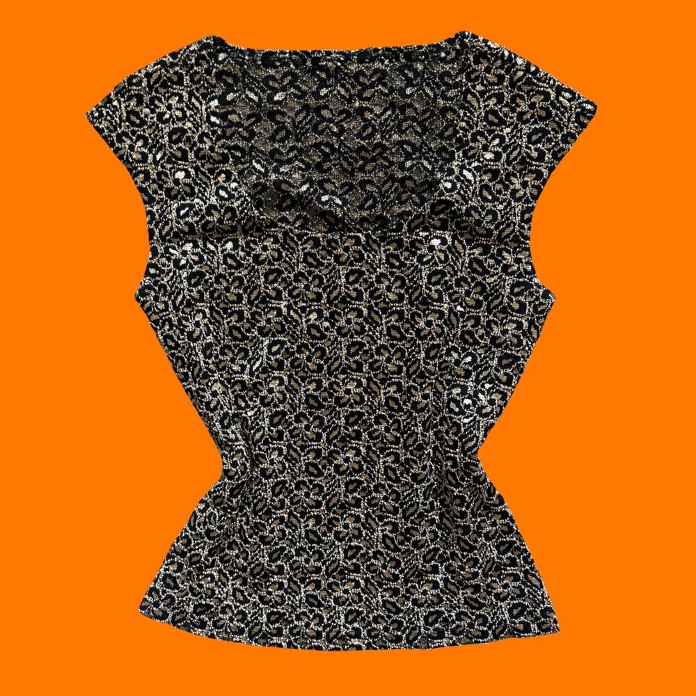 90's 00's vintage black and gold floral lace romantic bodycon y2k top S/M